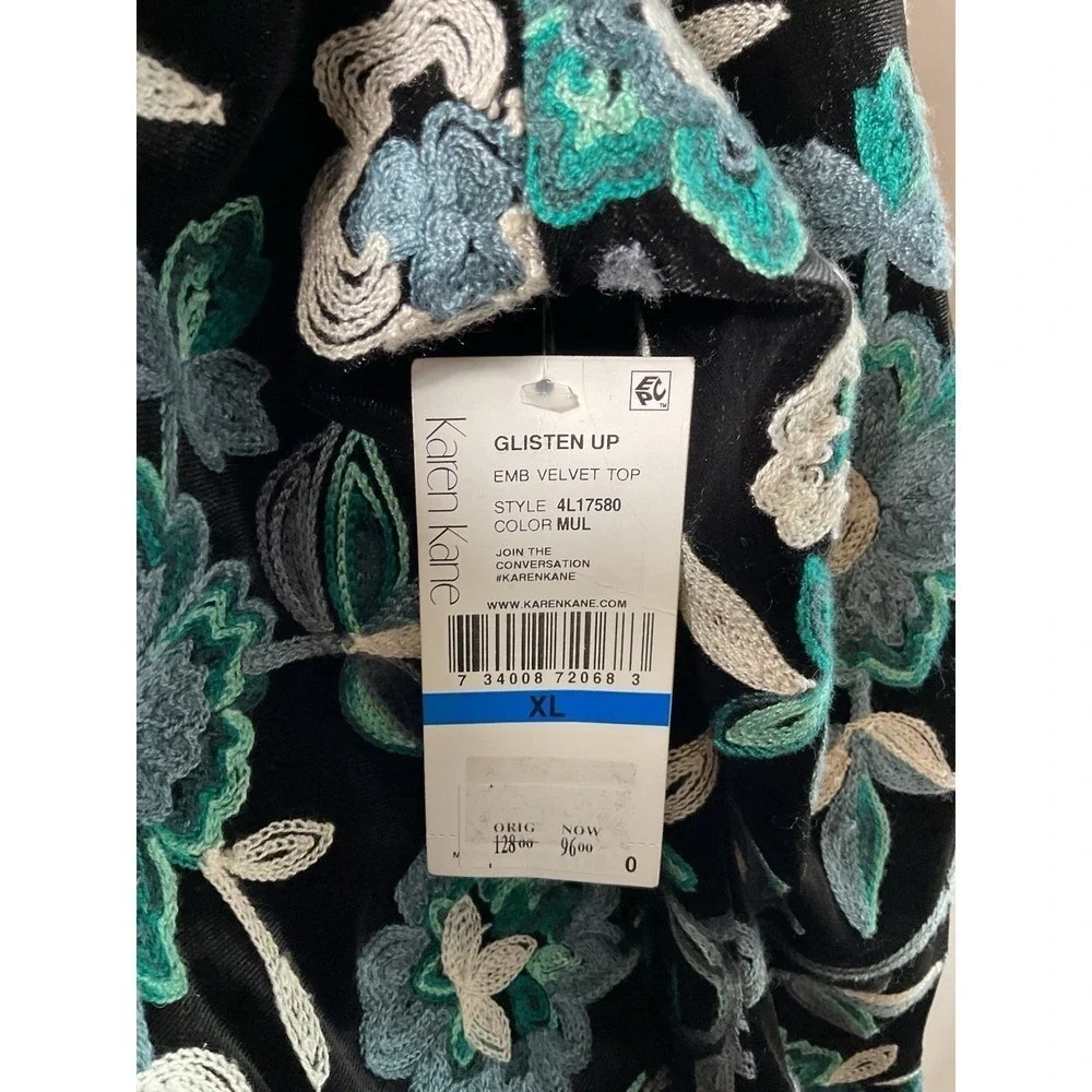 Karen Kane NWT Sz XL Black Green STRETCH Embroidered Velvet Bell Slv $128 MSRP - Picture 5 of 12